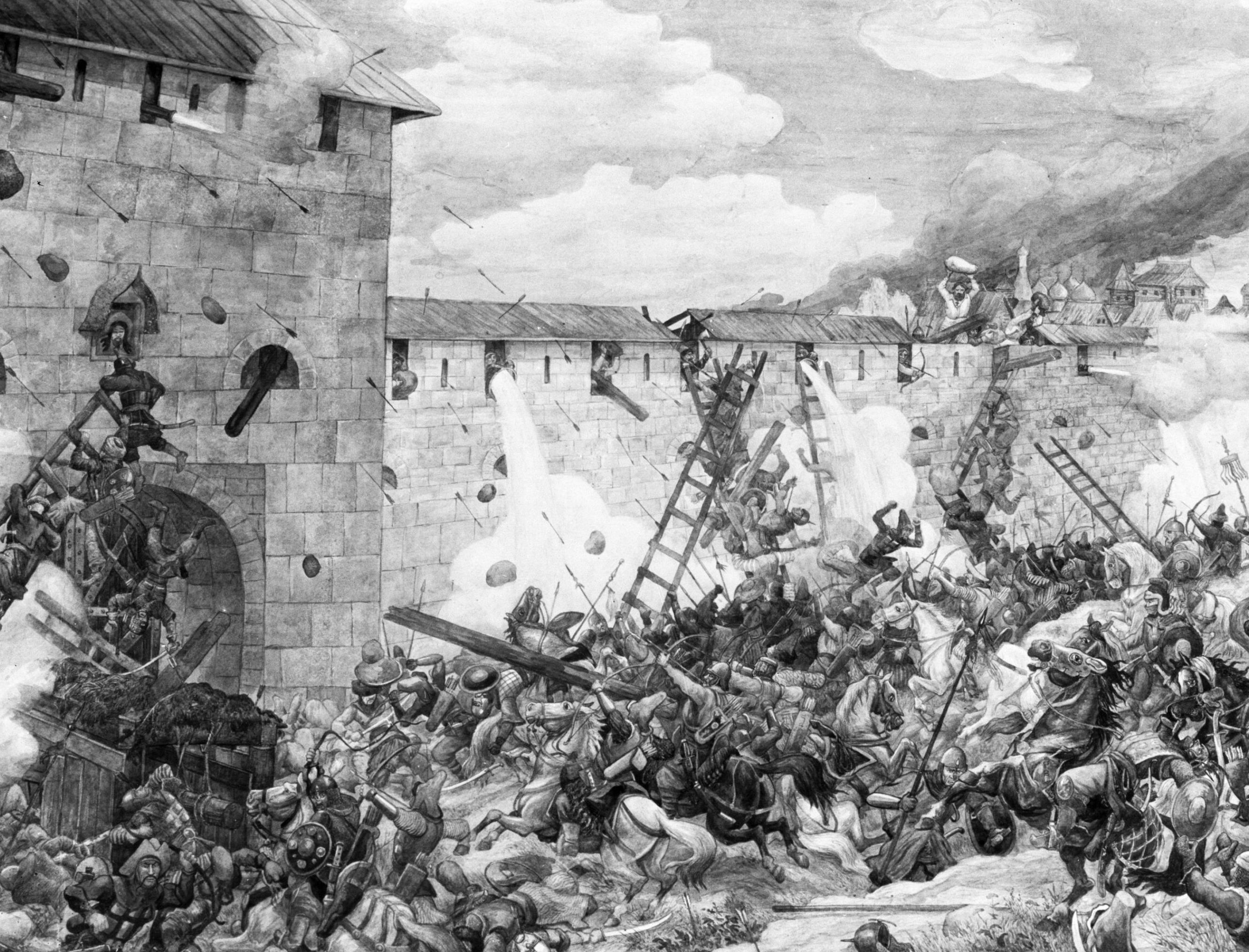 Репродукция картины художника Г. Лисснера "Тохтамыш штурмует стены Кремля"