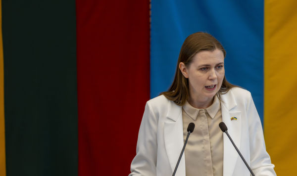 Министр обороны Литвы Довиле Шакалене в Сейме представляет проект закона о выходе из конвенции, запрещающий использование и производство противопехотных мин
