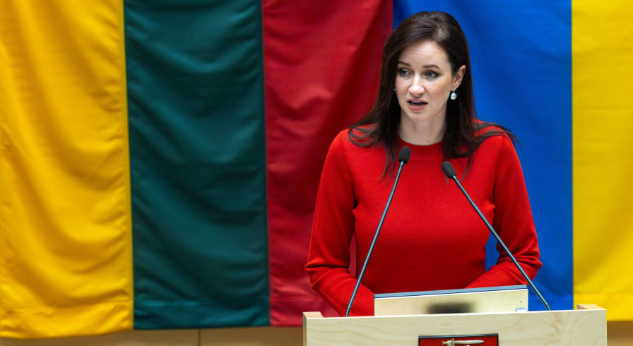 Член Социал-демократической партии Литвы Инга Ругинене, выдвинутая на пост следующего премьер-министра, выступает на заседании парламента Литвы в Вильнюсе, Литва, во вторник, 26 августа 2025 года