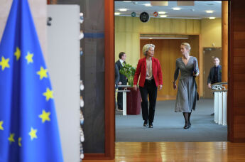 Председатель Еврокомиссии Урсула фон дер Ляйен и глава внешнеполитического ведомства ЕС Кая Каллас в штаб-квартире ЕС в Брюсселе, Бельгия